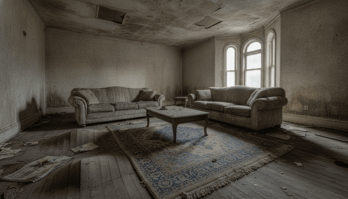 A living room badly damaged by flooding