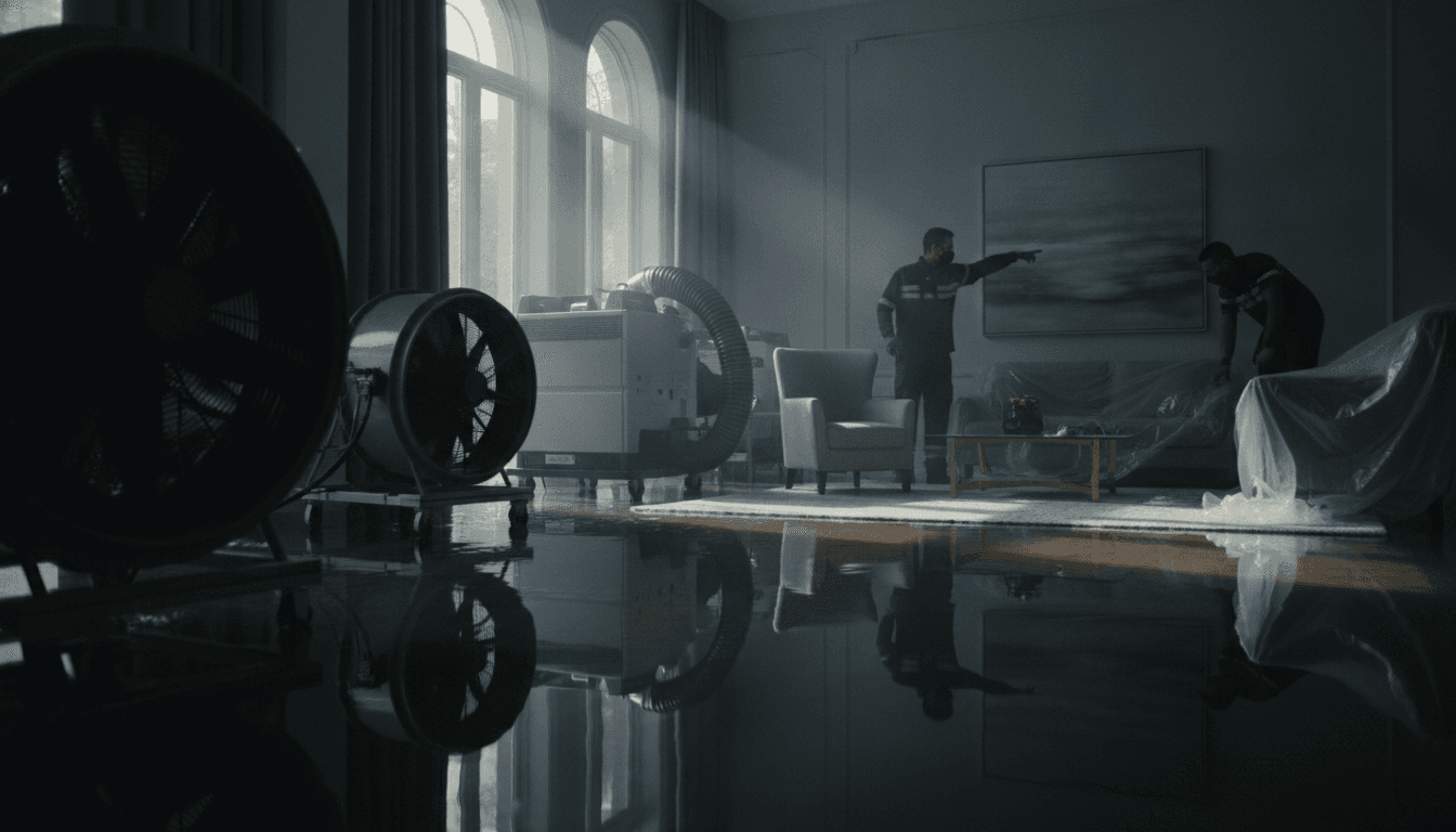 A certified restoration crew drying a flooded room